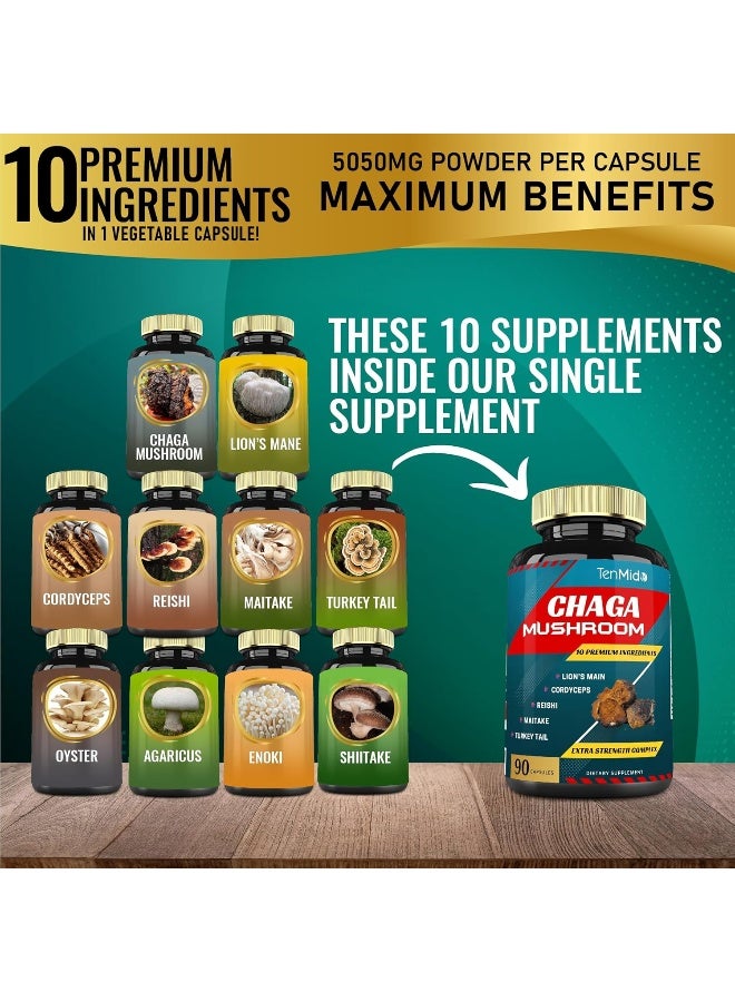 Tenmido Chaga Mushroom Extract Capsules Equivalent To 5050Mg And Lions Mane, Cordyceps And More, Digestive Health, Anti-Aging, Immune Support, Energy Boost, Rich In Antioxidants And Nutrients, 3 Months Supply - Image 2